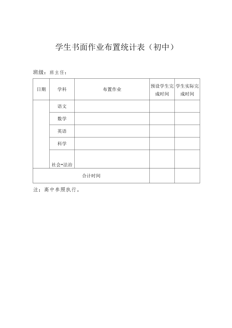 学生书面作业布置统计表（初中）.docx_第1页