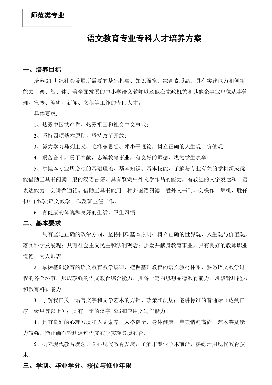 语文教育专业专科人才培养方案.docx_第1页