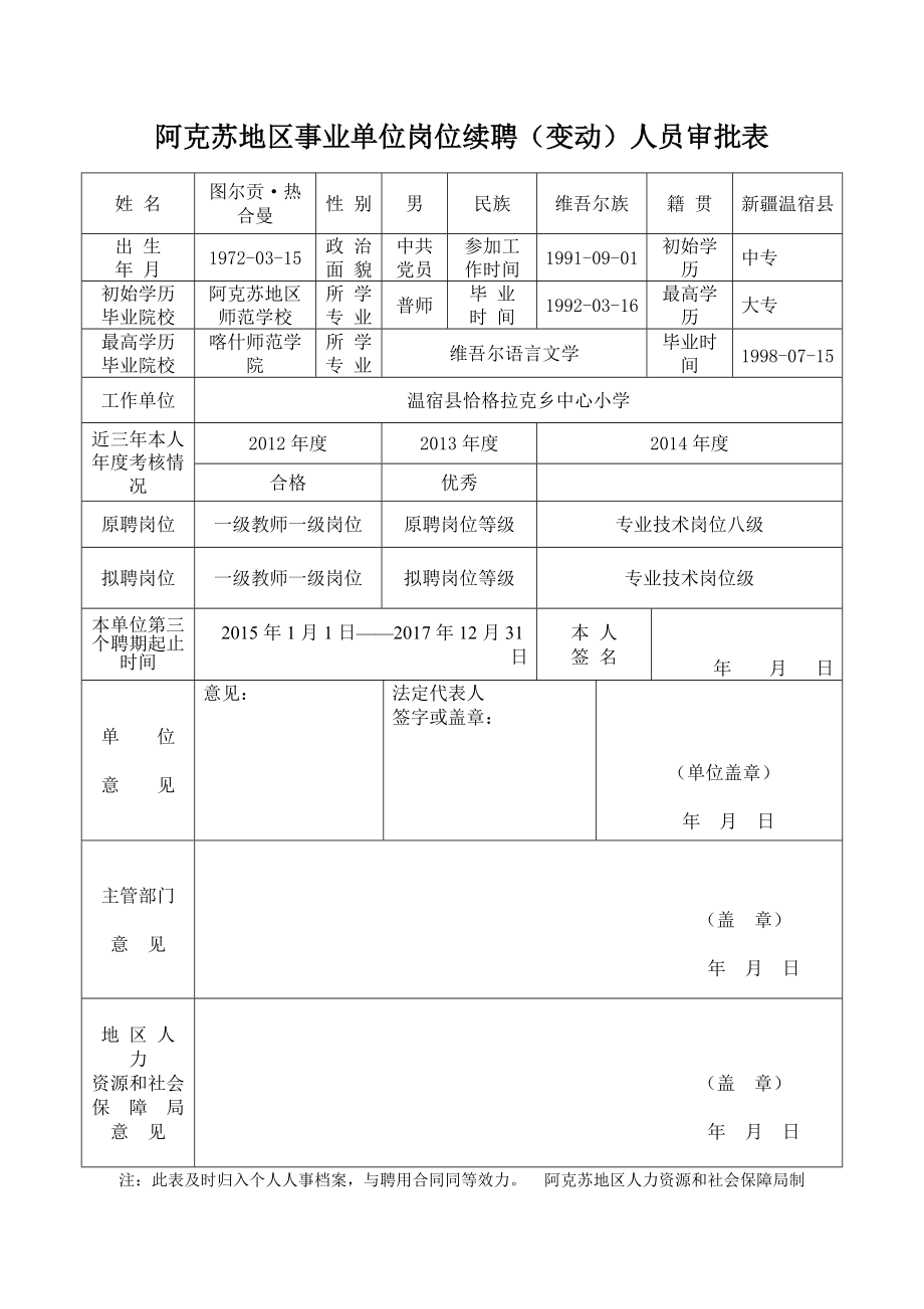 阿克苏地区事业单位岗位续聘(变动)人员审批表.docx_第1页