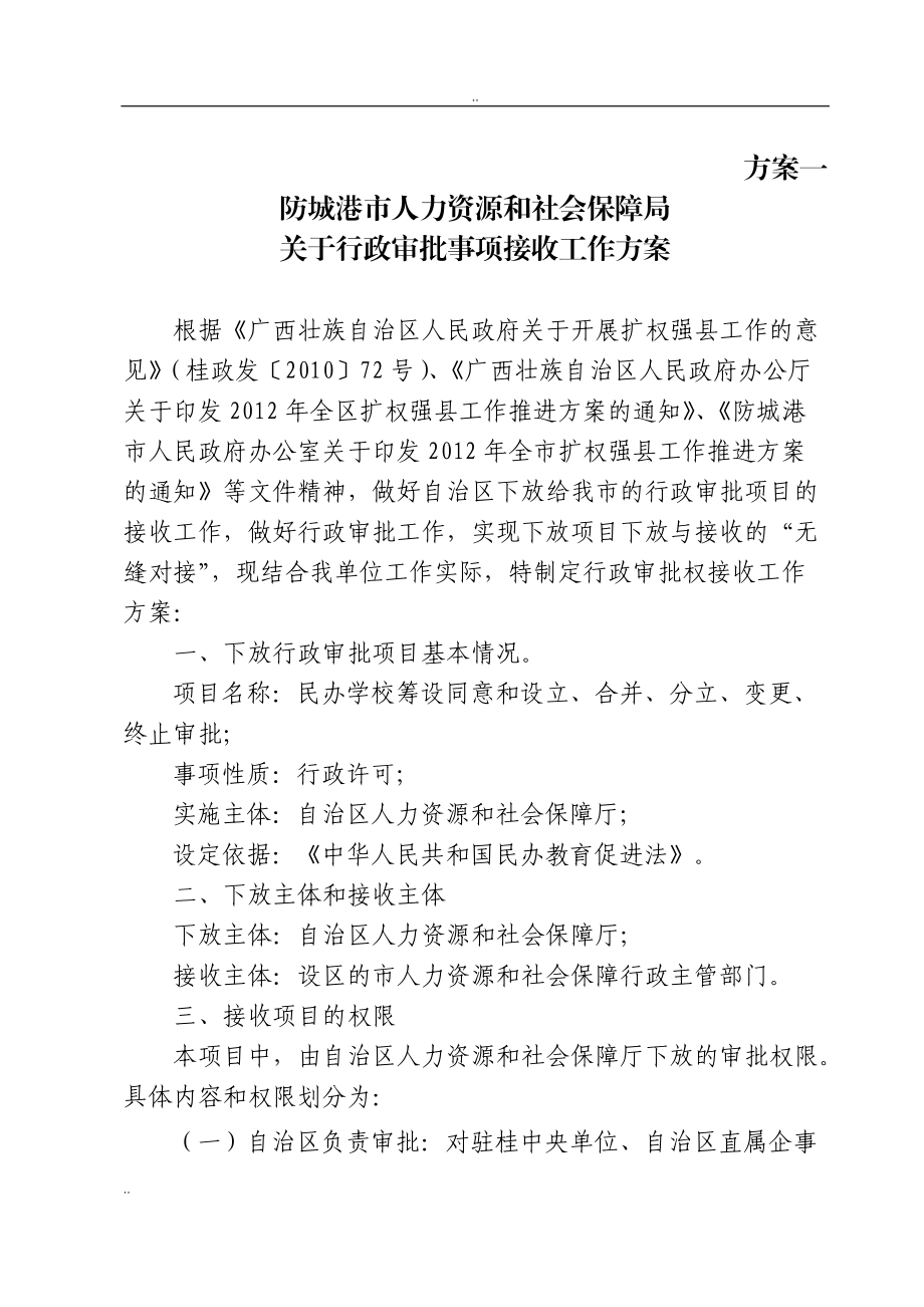 防城港市人力资源和社会保障局关于行政审批事项接收工.docx_第1页