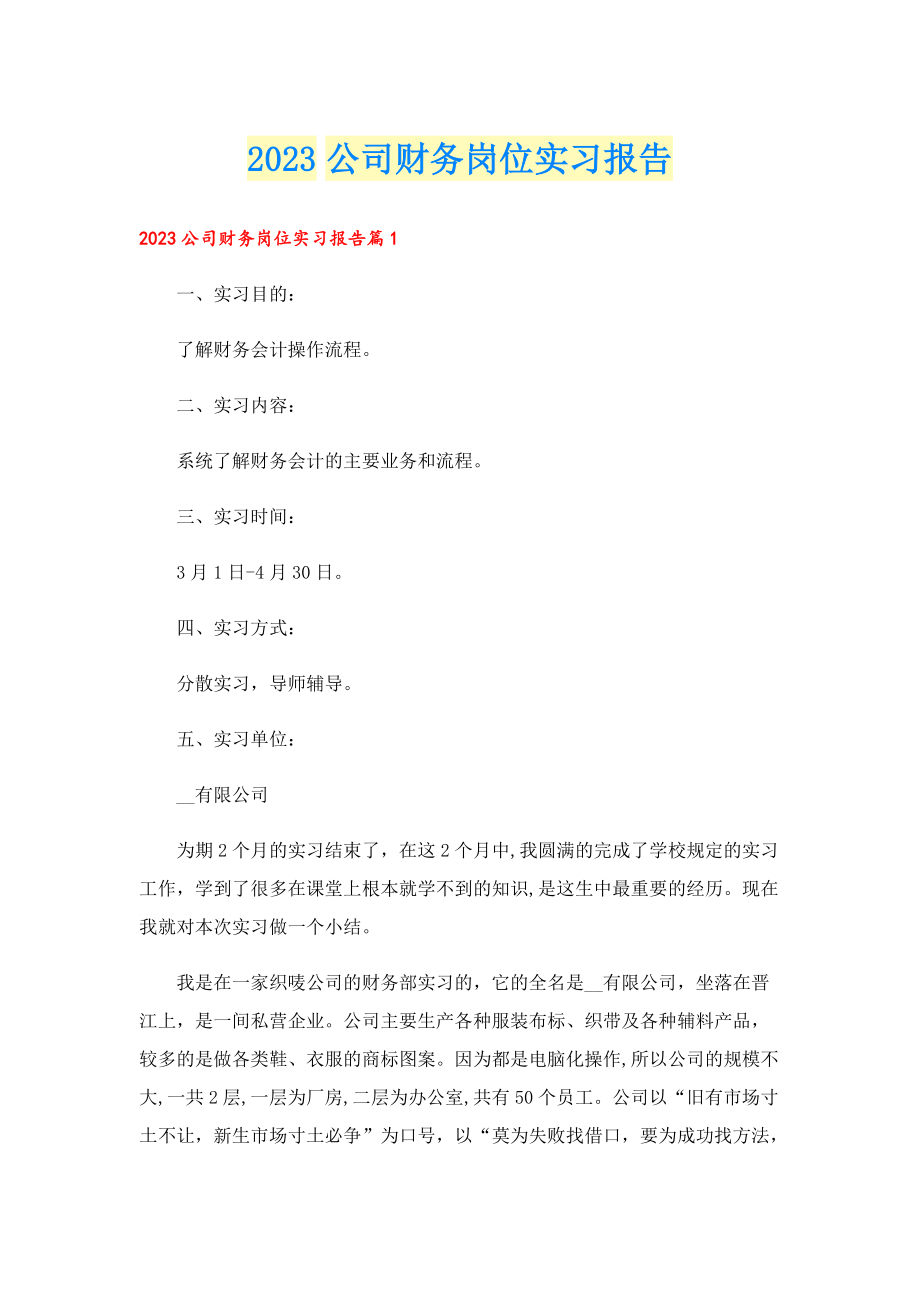 2023公司财务岗位实习报告.doc_第1页