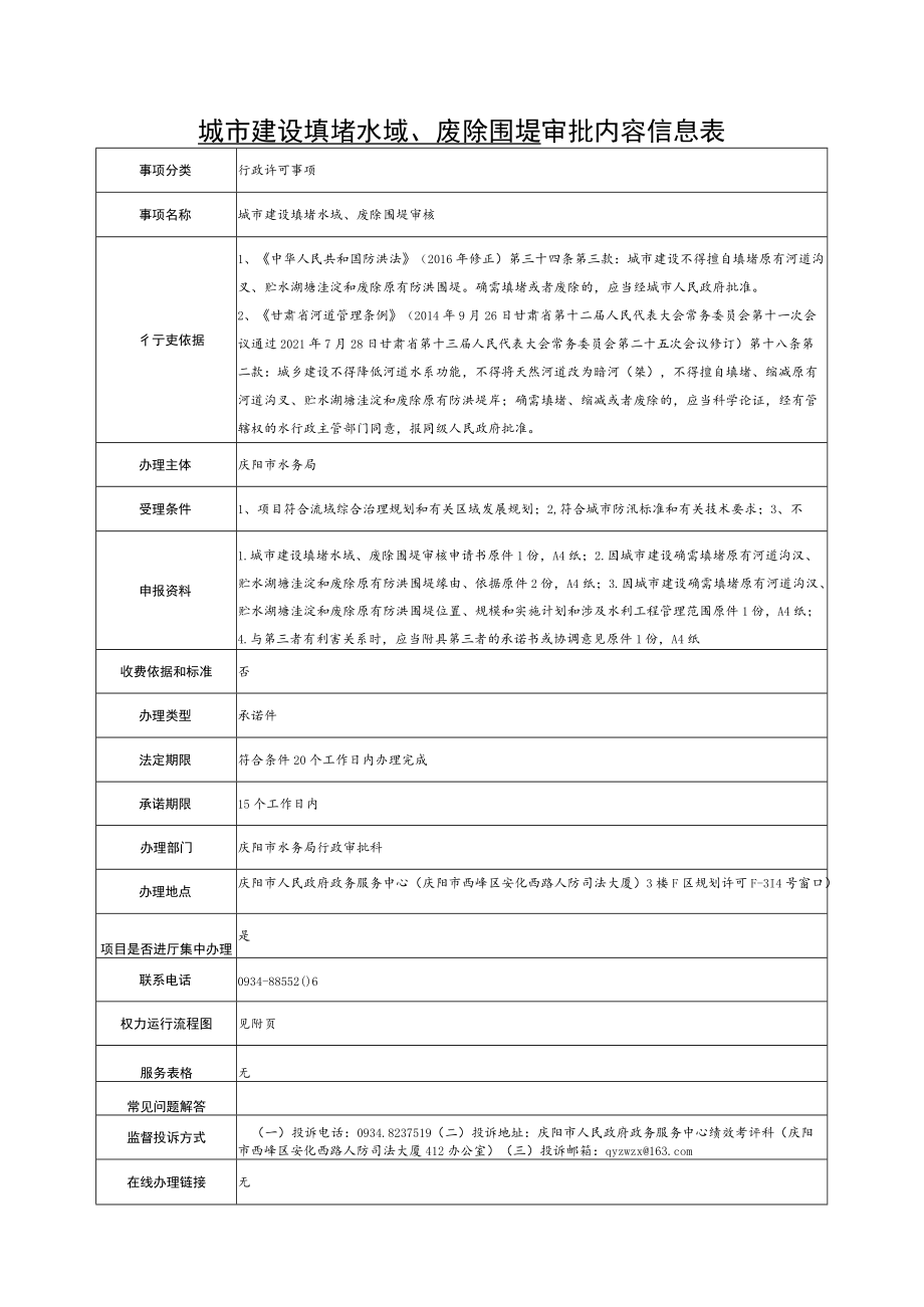 甘肃庆阳城市建设填堵水域、废除围堤审批信息表及流程图.docx_第1页