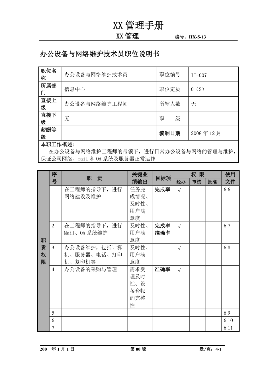 办公设备与网络维护技术员职位说明书及关键绩效标准.docx_第1页