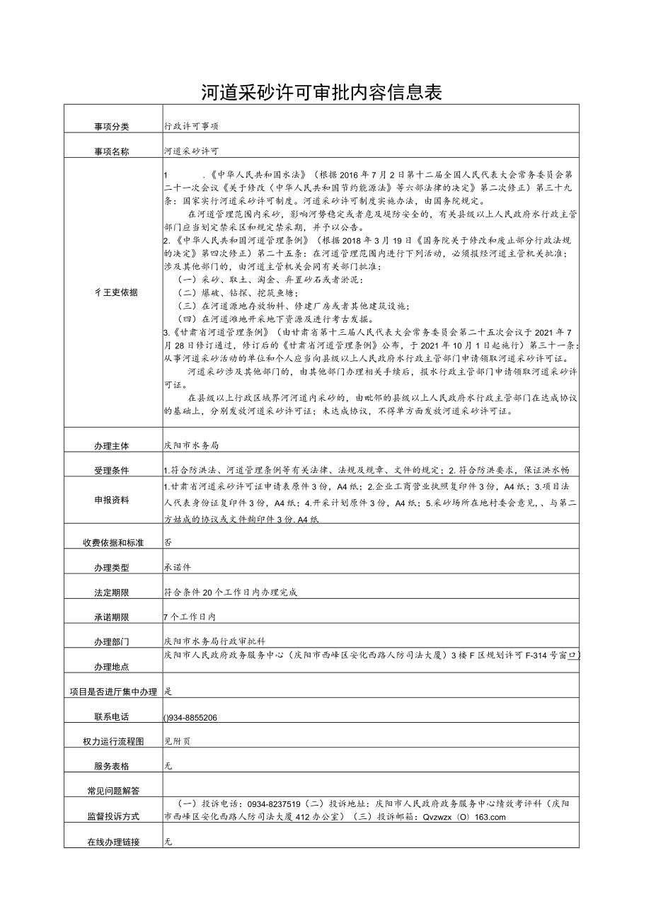 甘肃庆阳河道采砂许可审批信息表及流程图.docx_第1页