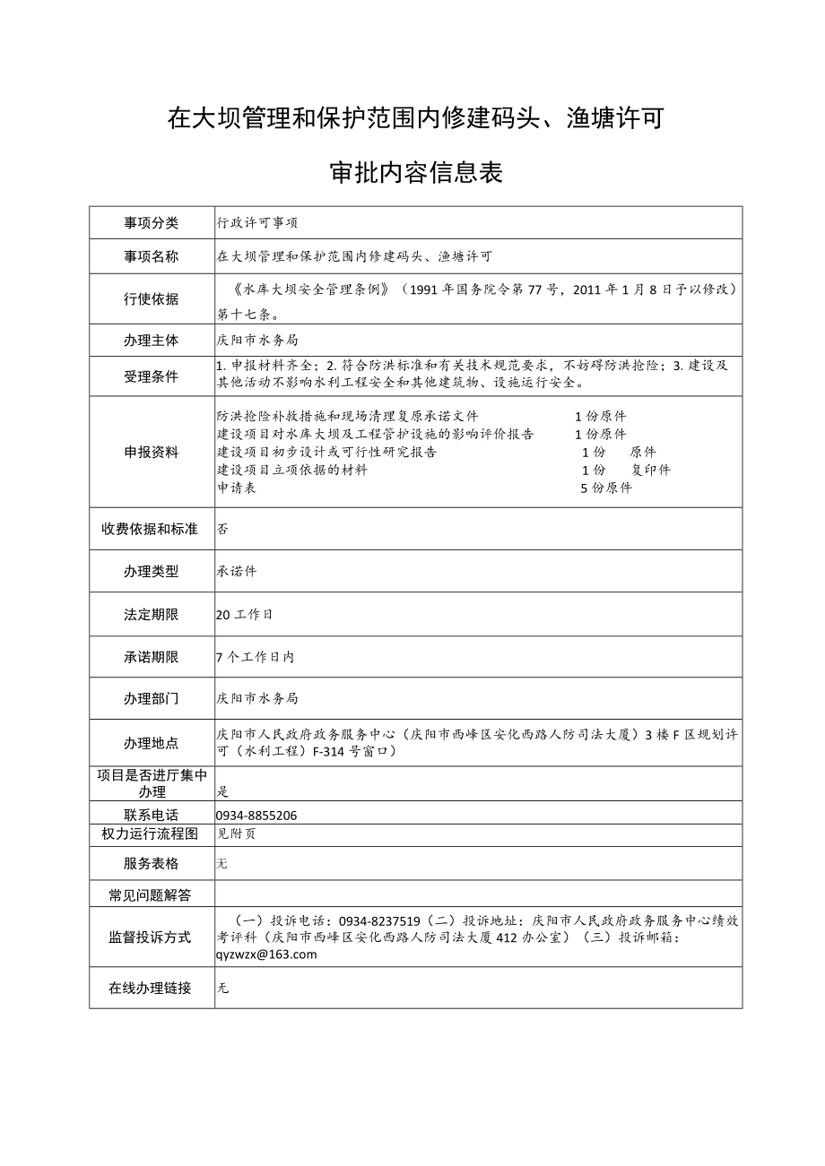 甘肃庆阳在大坝管理和保护范围内修建码头、渔塘许可审批信息表及流程图.docx_第1页