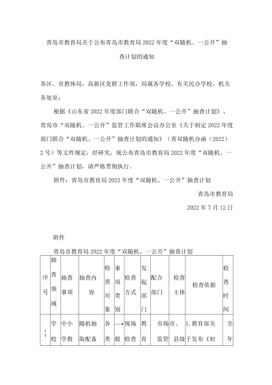 青岛市教育局关于公布青岛市教育局2022年度“双随机、一公开”抽查计划的通知.docx_第1页