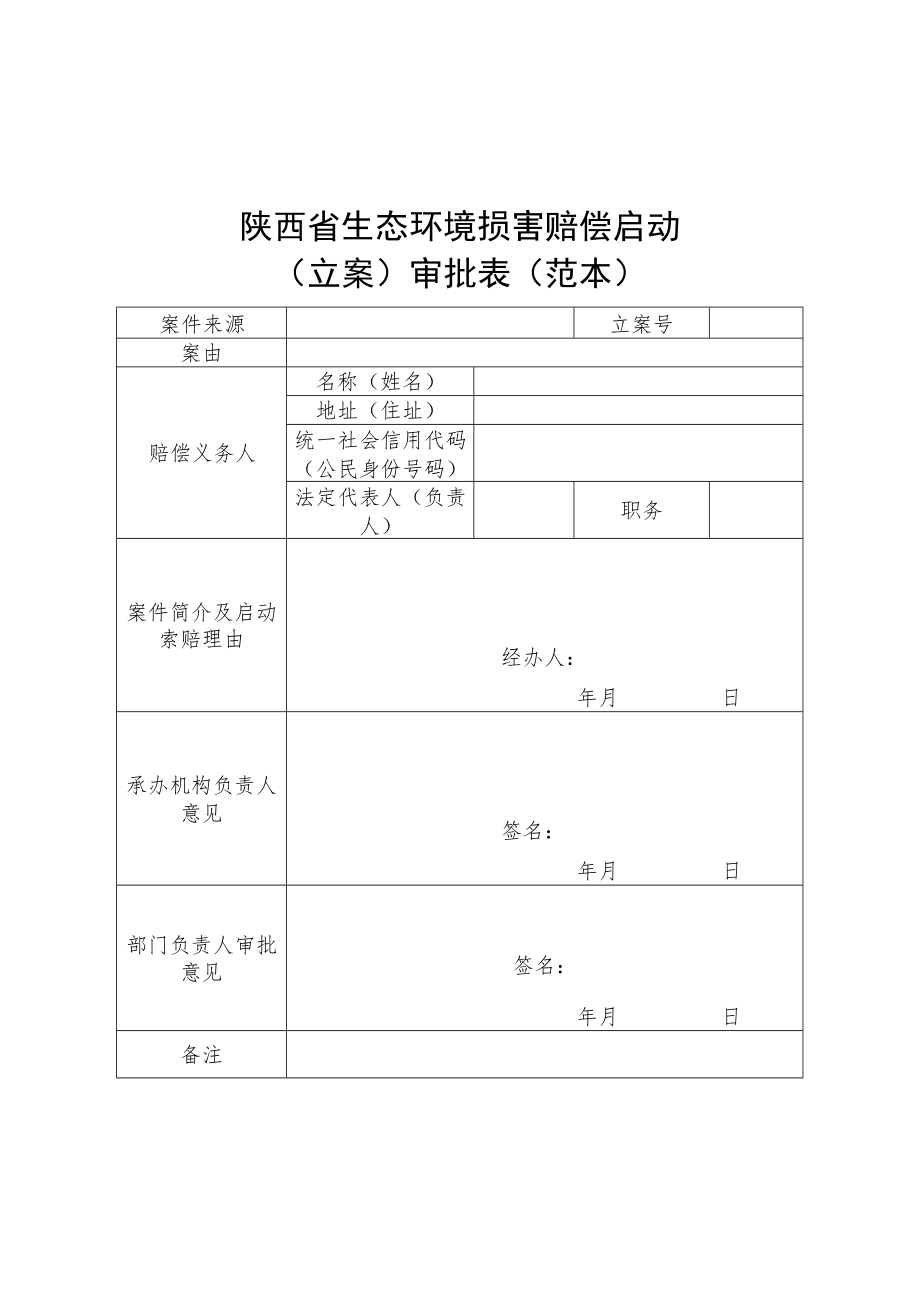 陕西省生态环境损害赔偿启动（立案）审批表、调查报告、磋商会议记录、赔偿协议、司法确认申请书（范本）.docx_第2页