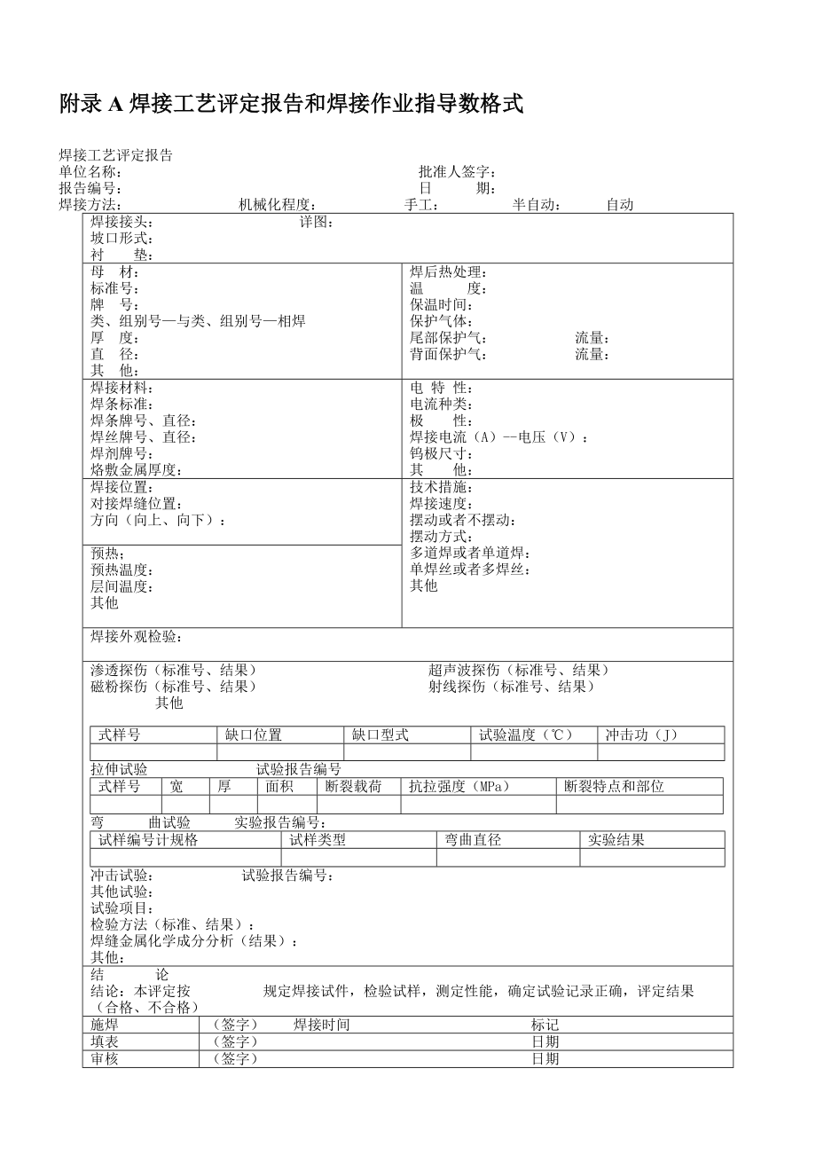 附录A焊接工艺评定报告和焊接作业指导数格式.docx_第1页