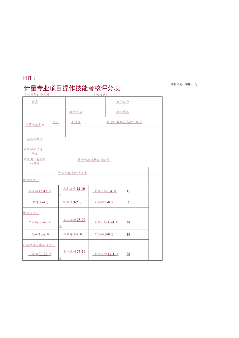 计量专业项目操作技能考核评分表.docx_第1页