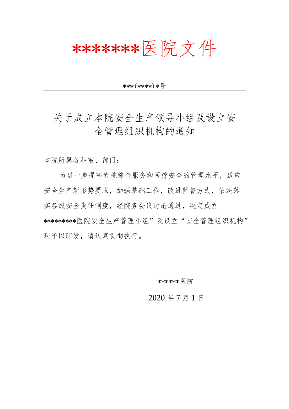 医疗机构安全生产领导小组及设立安全管理组织机构的文件.docx_第1页