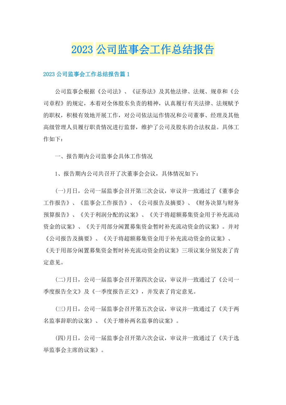 2023公司监事会工作总结报告.doc_第1页