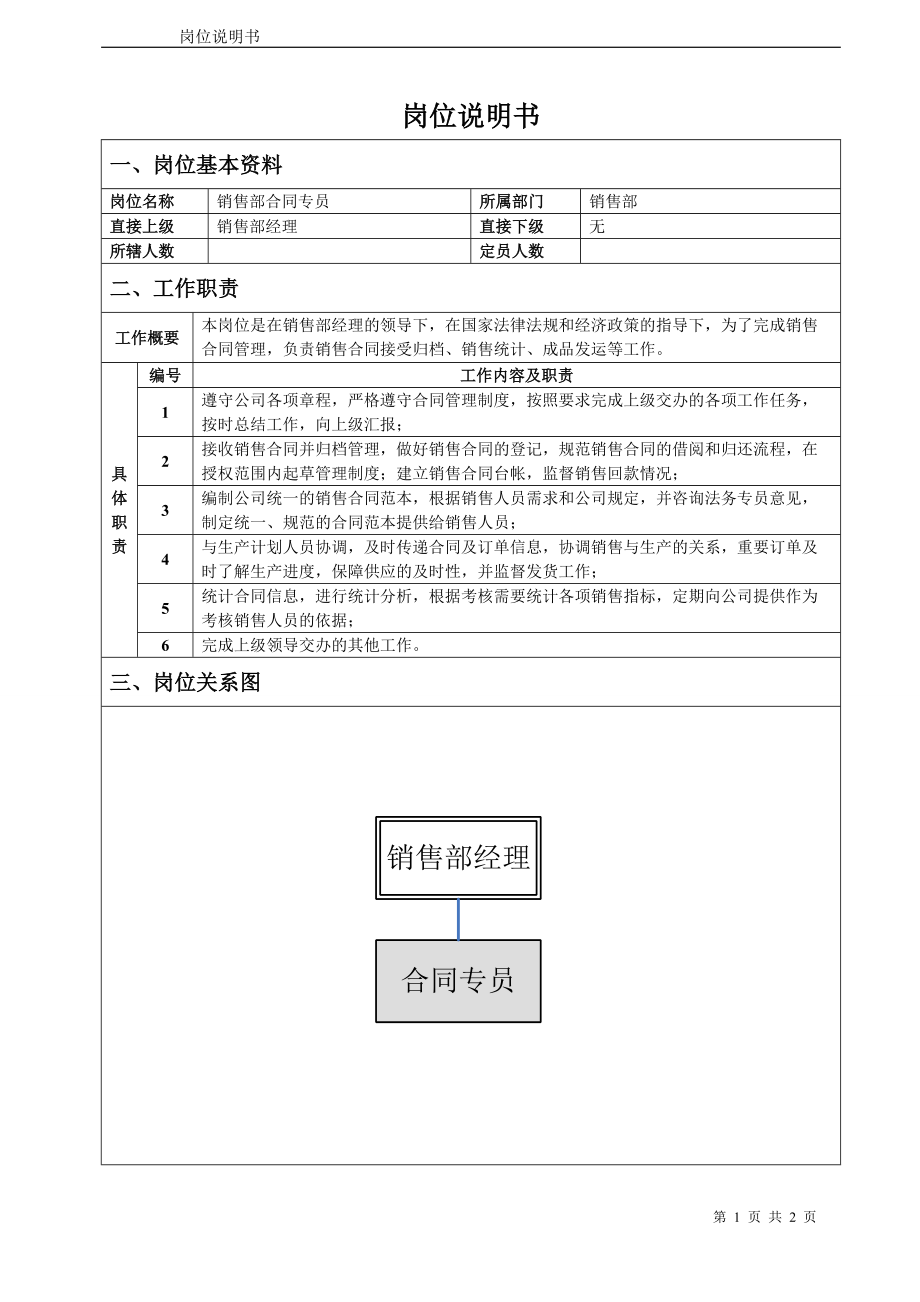 销售部合同专员岗位说明书.docx_第1页