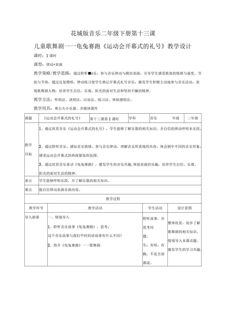 小学音乐 花城版 二年级下册 儿童歌舞剧 龟兔赛跑《运动会开幕式的礼号》 教案设计.docx_第1页