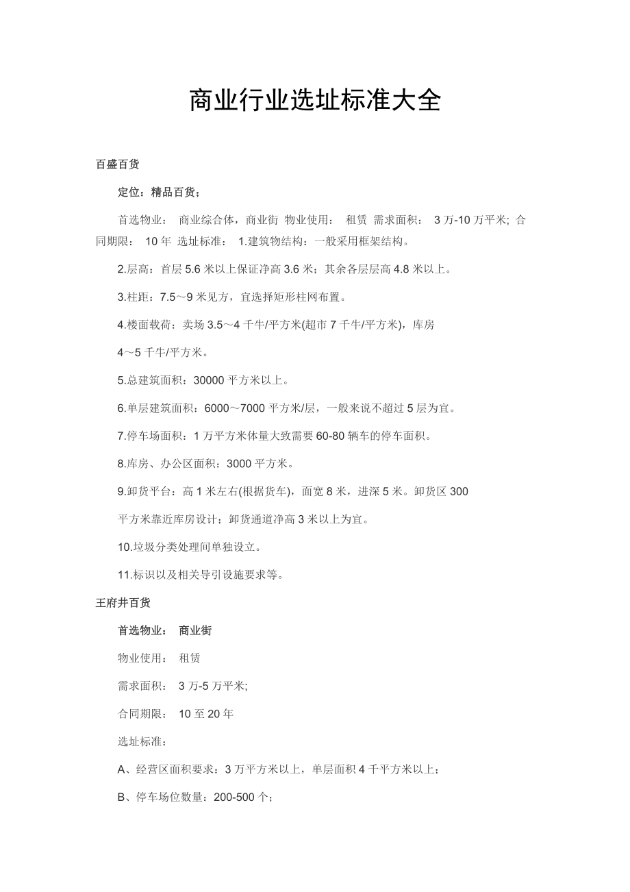 商业行业选址标准大全.docx_第1页