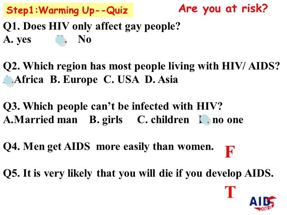 人教版英语选修六Unit3 A healthy life HIV AIDS Are you at risk (using language)课件.ppt_第3页