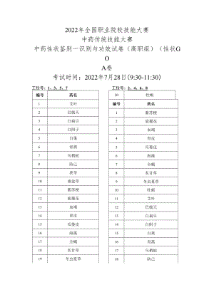 2022年全国职业院校技能大赛-中药传统技能赛项正式赛卷22年大赛性状+真伪试题-第1套A卷-GC（7月28日上午）.docx