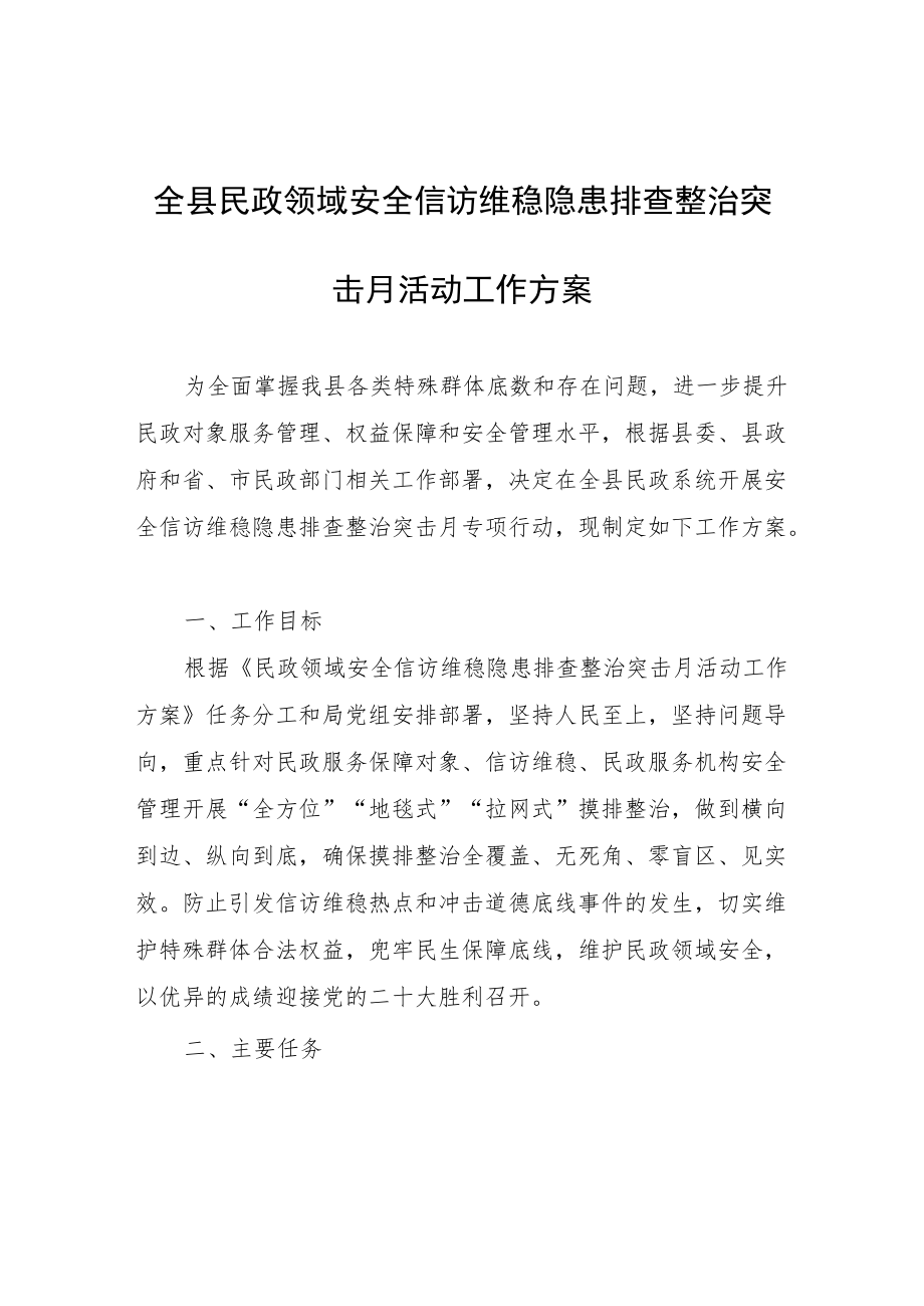 全县民政领域安全信访维稳隐患排查整治突击月活动工作方案.docx_第1页