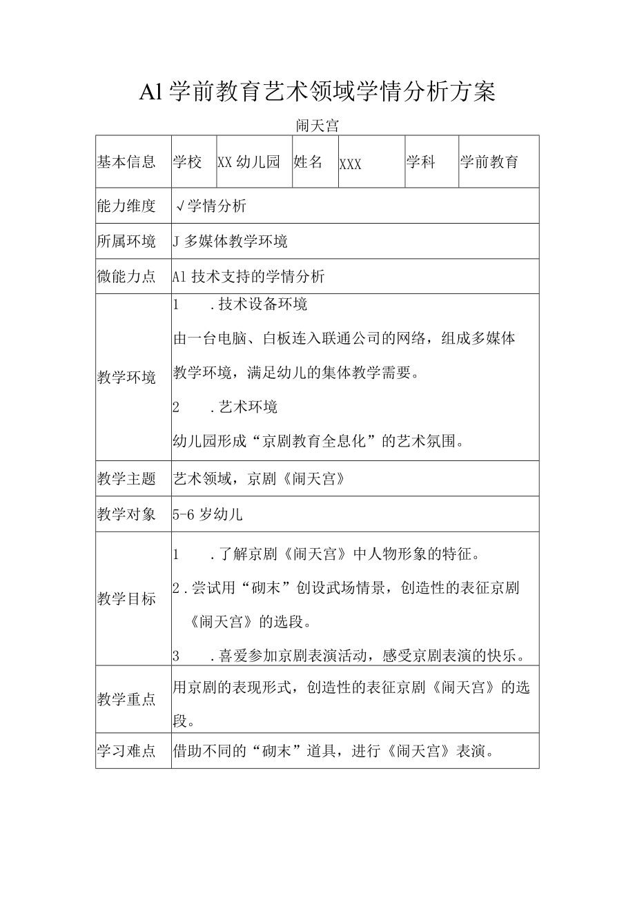 A1学前教育艺术领域学情分析方案.docx_第1页