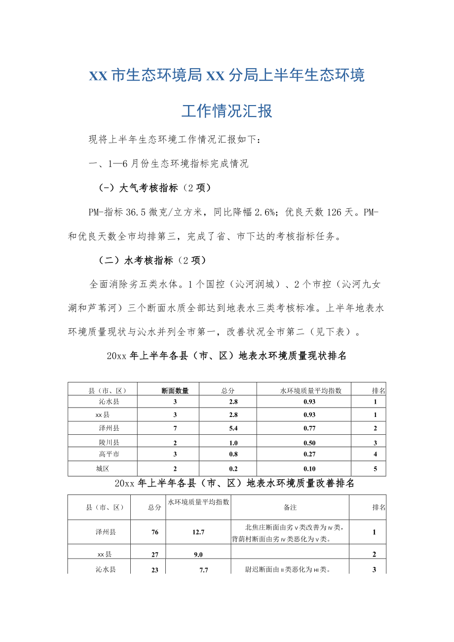 xx市生态环境局xx分局上半年生态环境工作情况汇报.docx_第1页