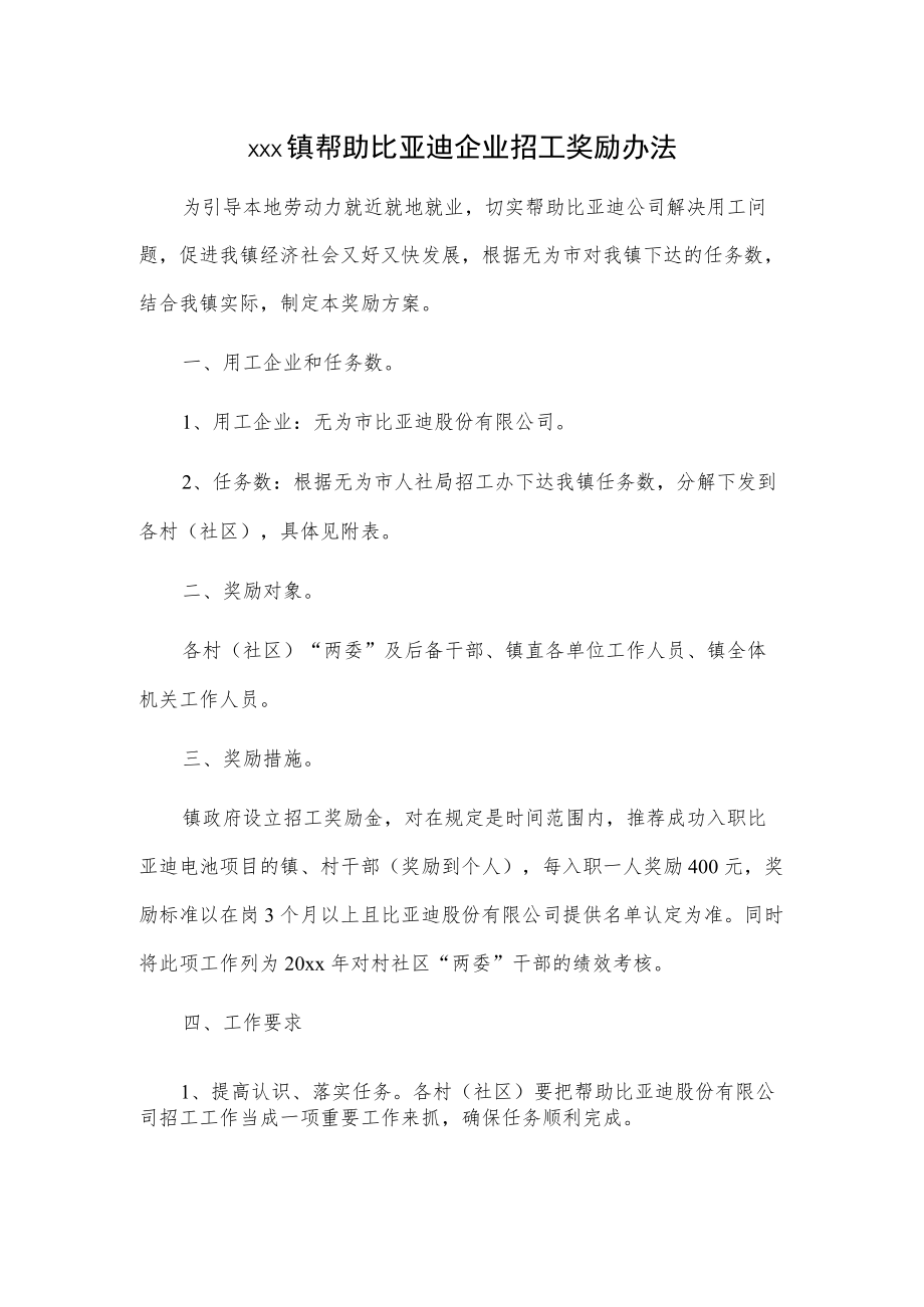 xxx镇帮助比亚迪企业招工奖励办法.docx_第1页