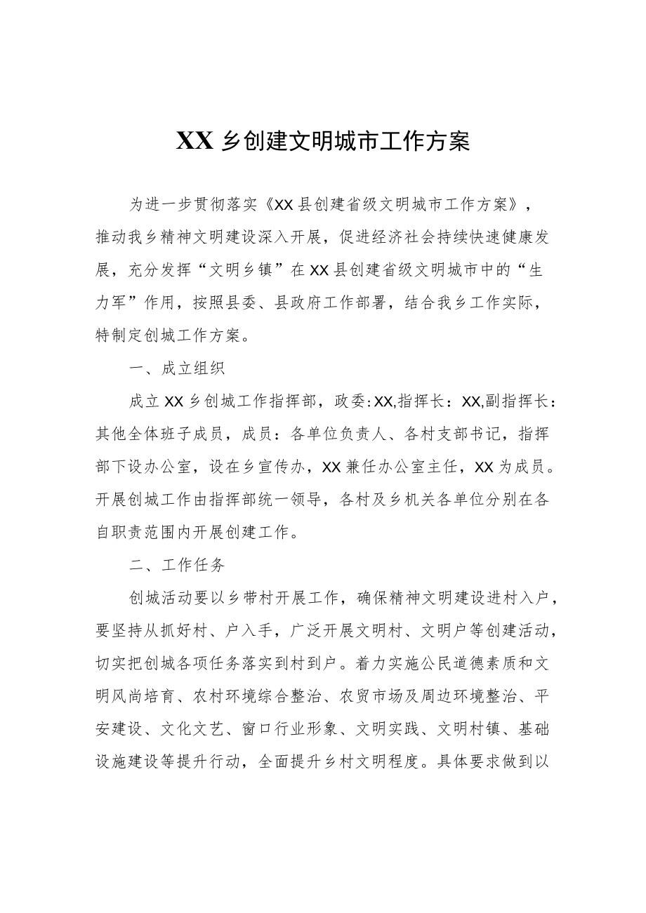 XX乡创建文明城市工作方案.docx_第1页