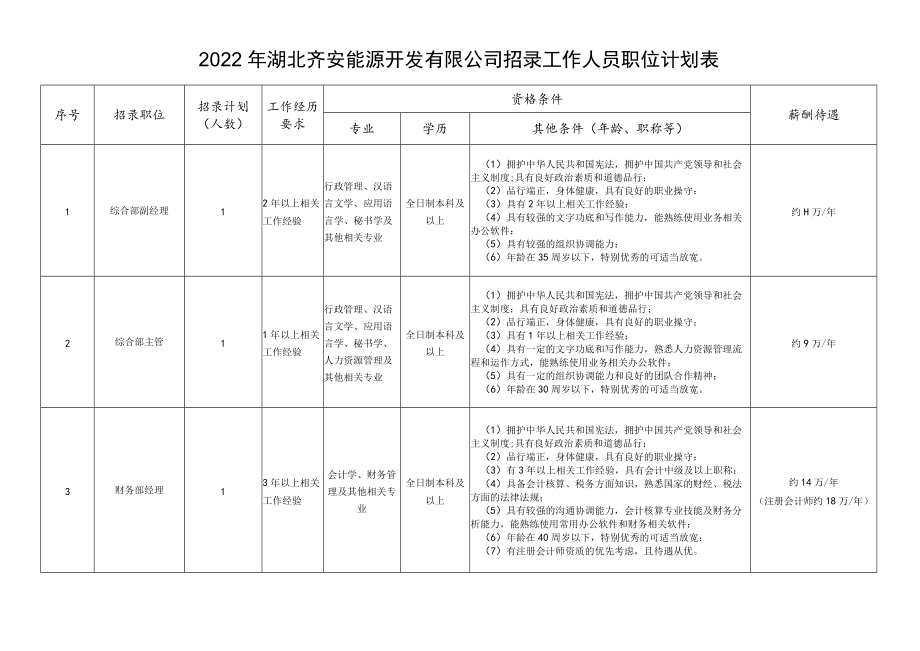 2022年湖北齐安能源开发有限公司招录工作人员职位计划表.docx_第1页