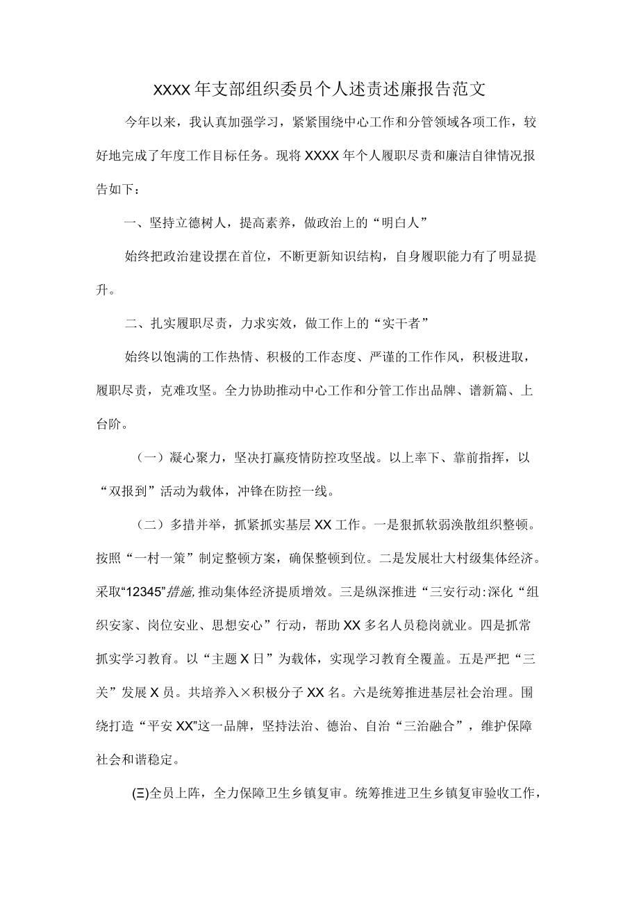 XXXX年支部组织委员个人述责述廉报告范文.docx_第1页