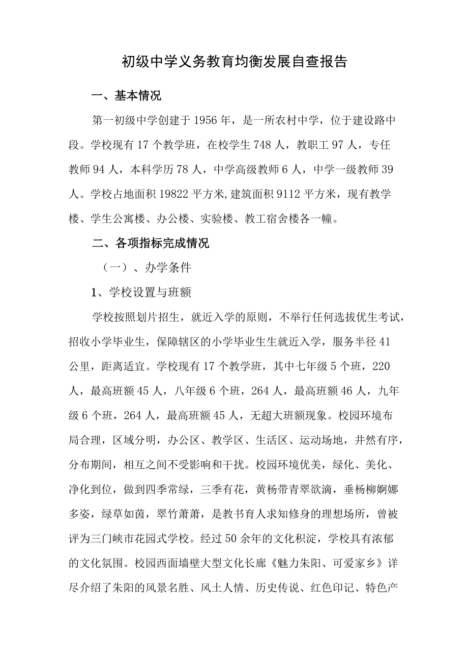 2022年初级中学义务教育均衡发展自查报告.docx_第1页