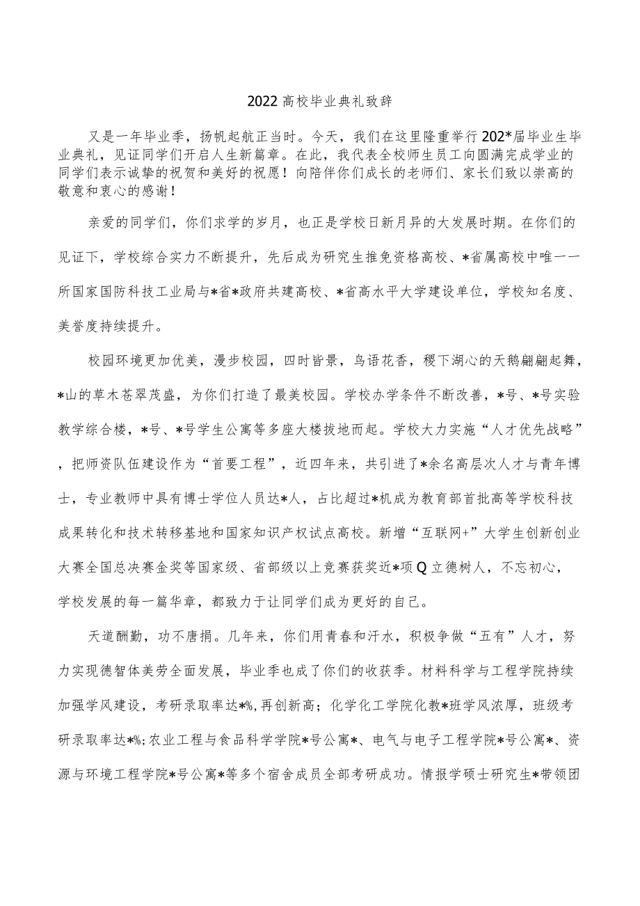 2022高校毕业典礼致辞.docx_第1页