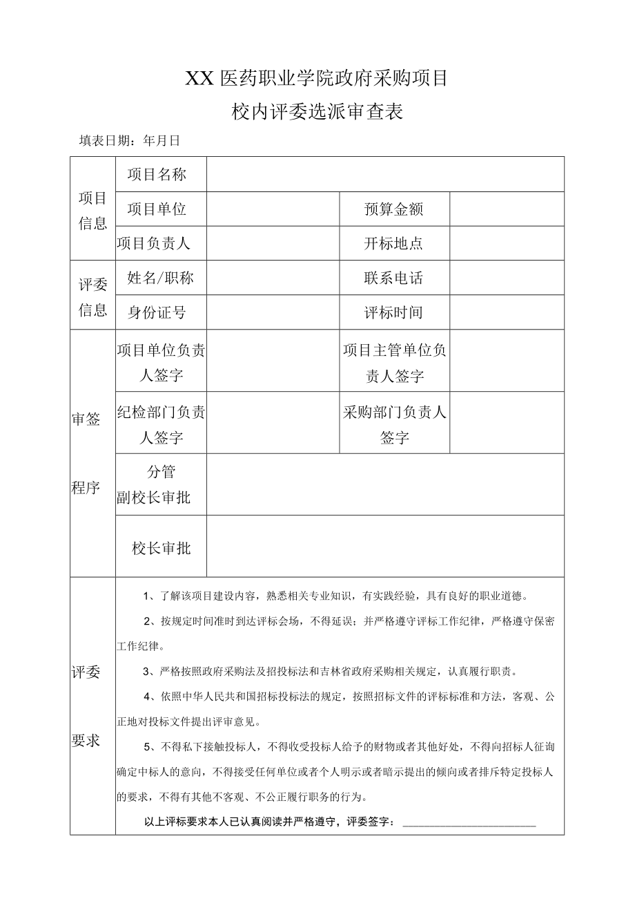 XX医药职业学院政府采购项目校内评委选派审查表.docx_第1页