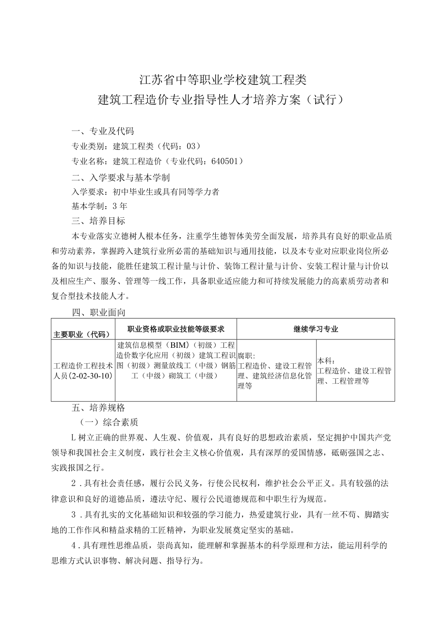 中职建筑工程类建筑工程造价专业人培方案（试行）.docx_第1页