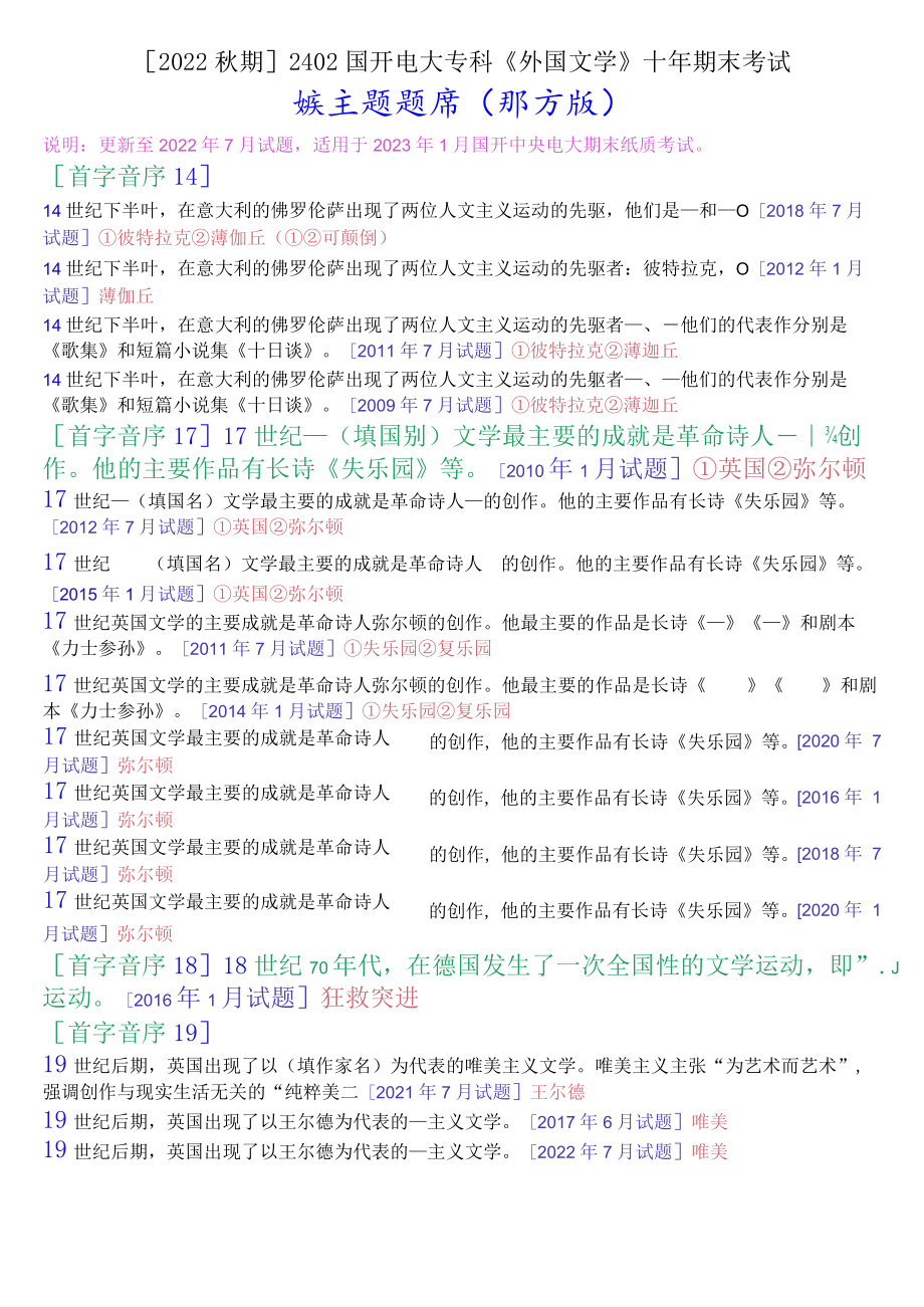 [2022秋期]2402国开电大专科《外国文学》十年期末考试填空题题库(排序版).docx_第1页