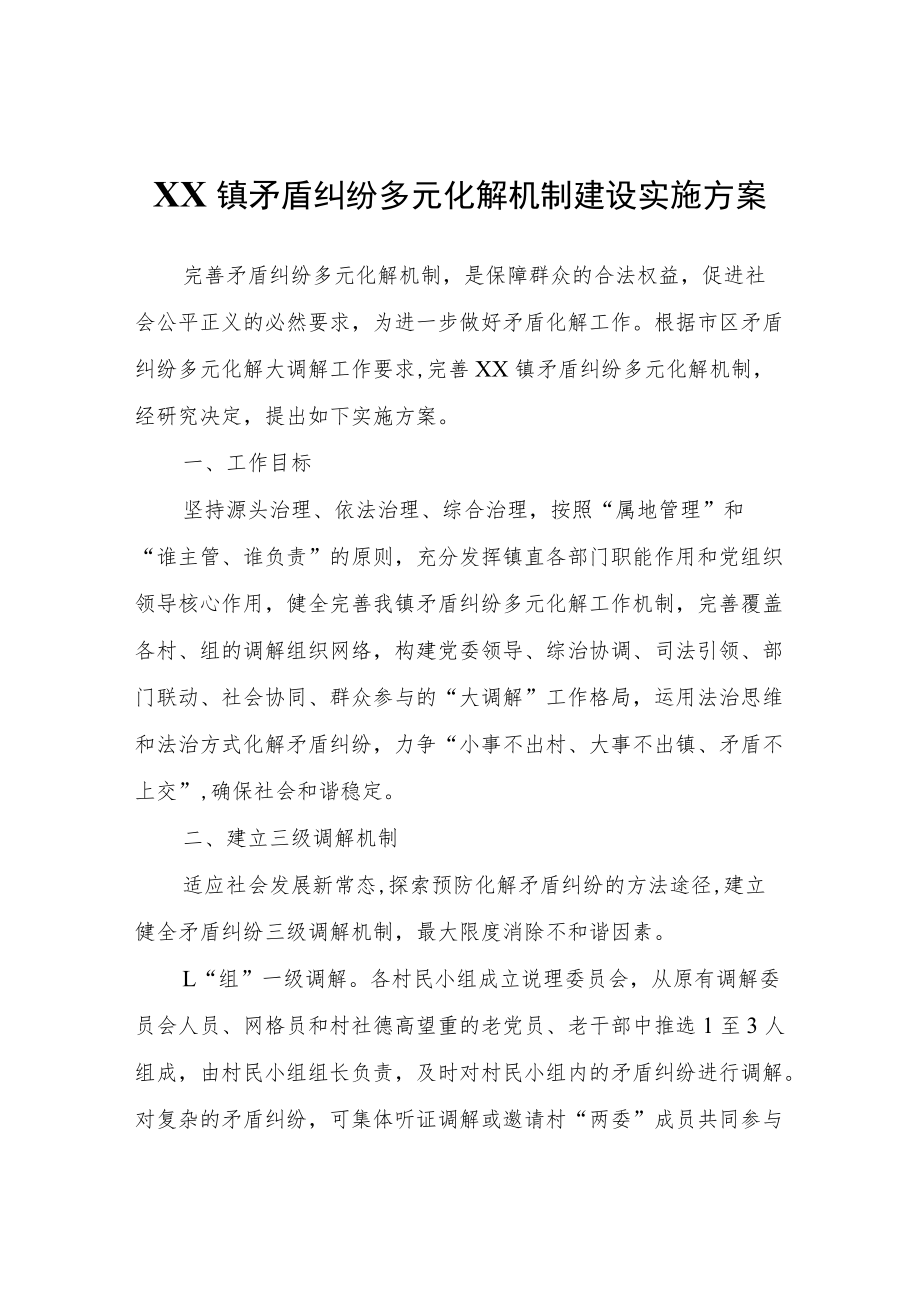 XX镇矛盾纠纷多元化解机制建设实施方案.docx_第1页