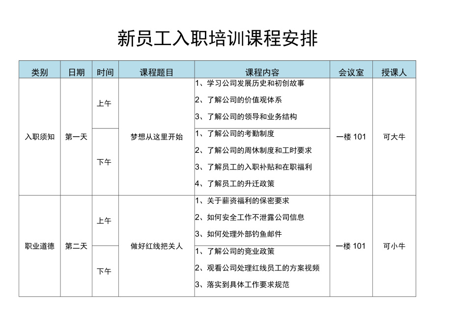 入职培训课程安排word模板.docx_第1页