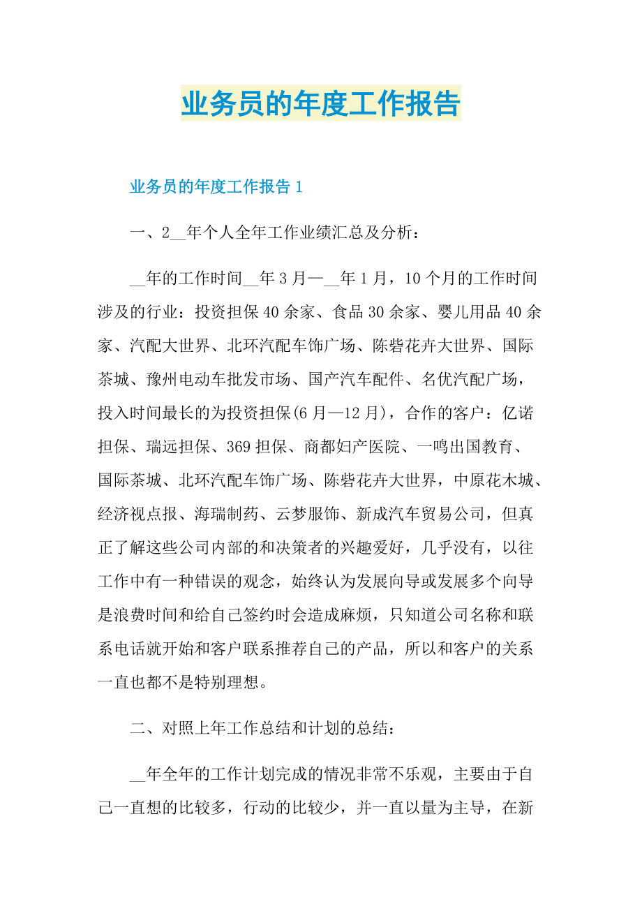 业务员的年度工作报告.doc_第1页