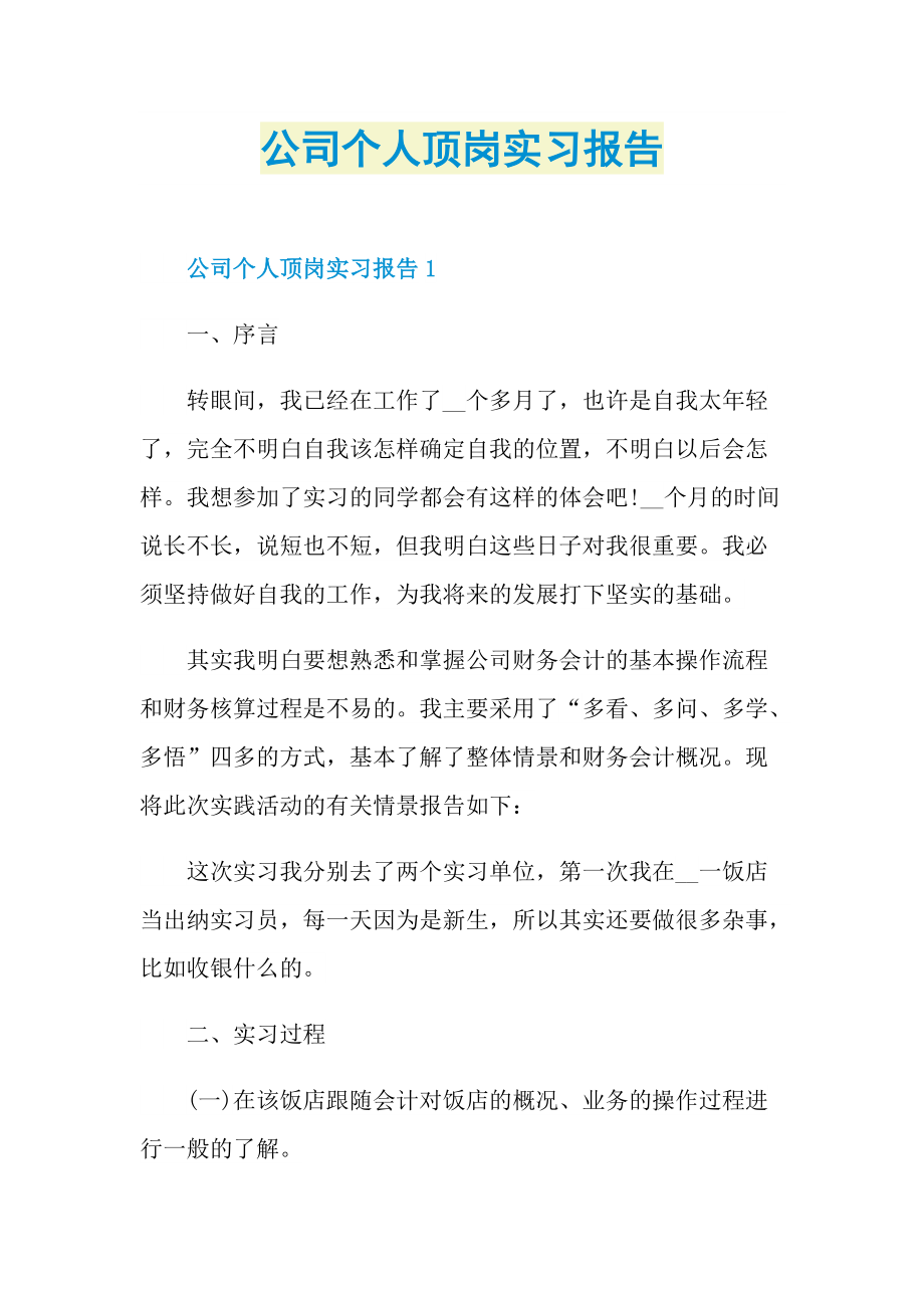 公司个人顶岗实习报告.doc_第1页