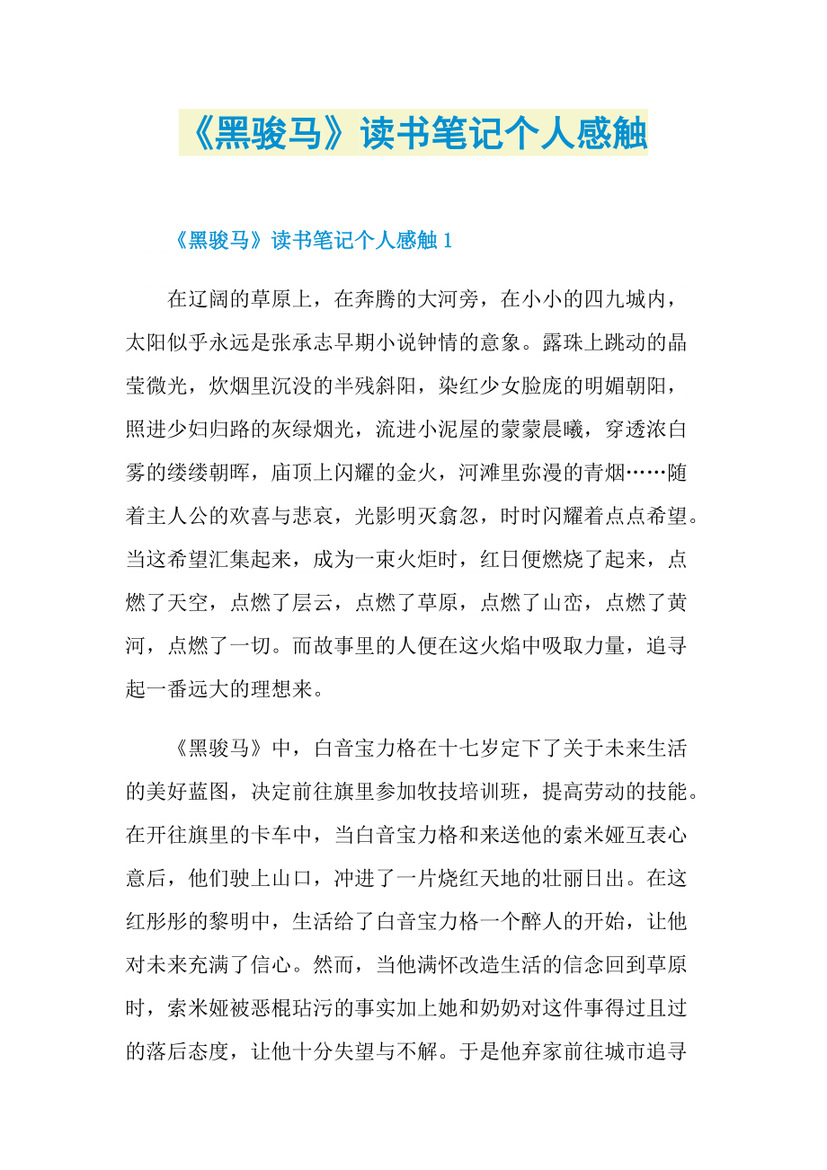 《黑骏马》读书笔记个人感触.doc_第1页