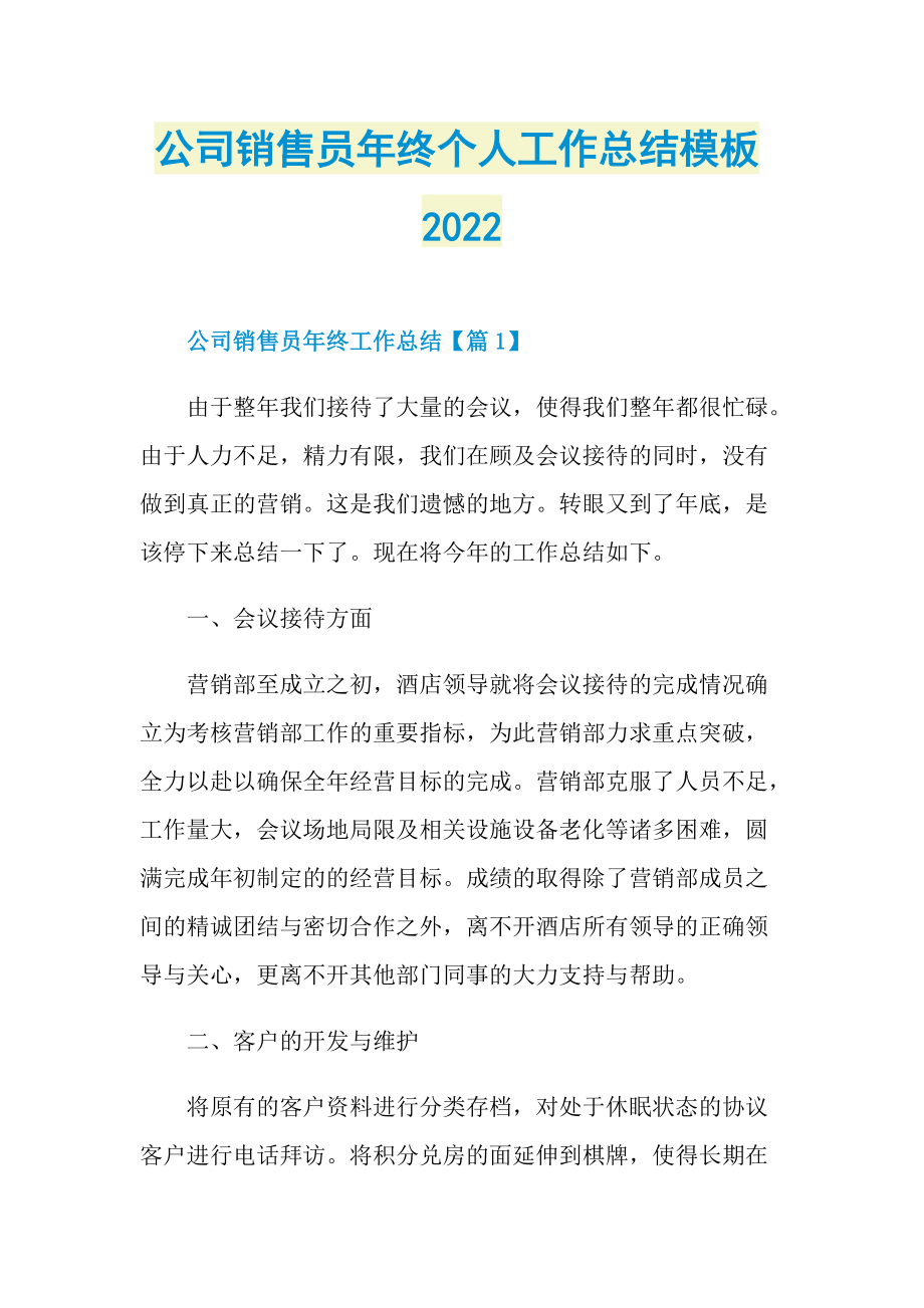 公司销售员年终个人工作总结模板2022.doc_第1页