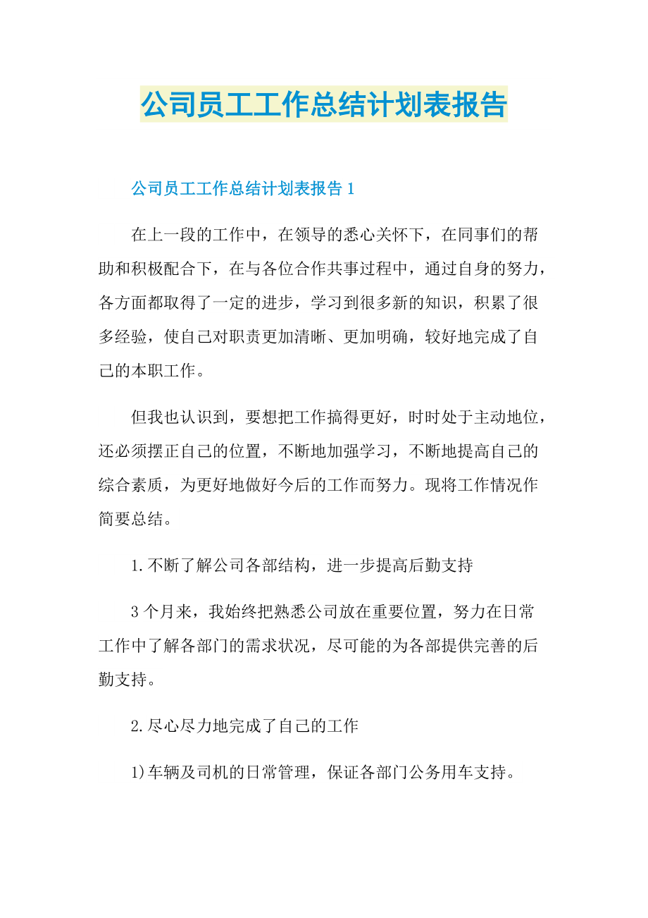 公司员工工作总结计划表报告.doc_第1页