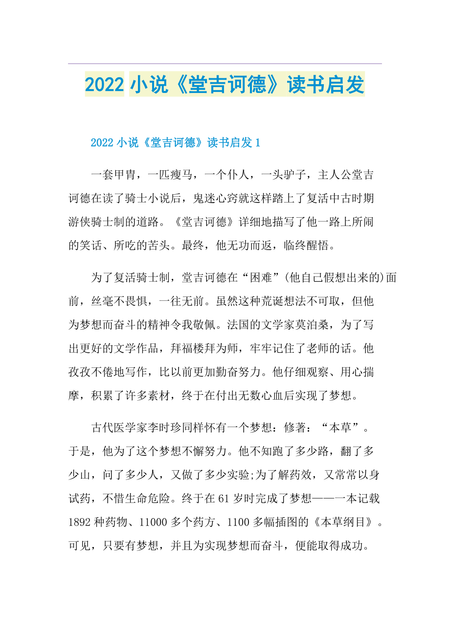 2022小说《堂吉诃德》读书启发.doc_第1页