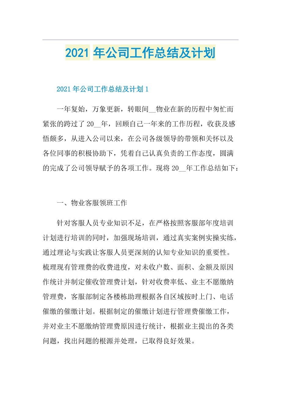 公司工作总结及计划.doc_第1页