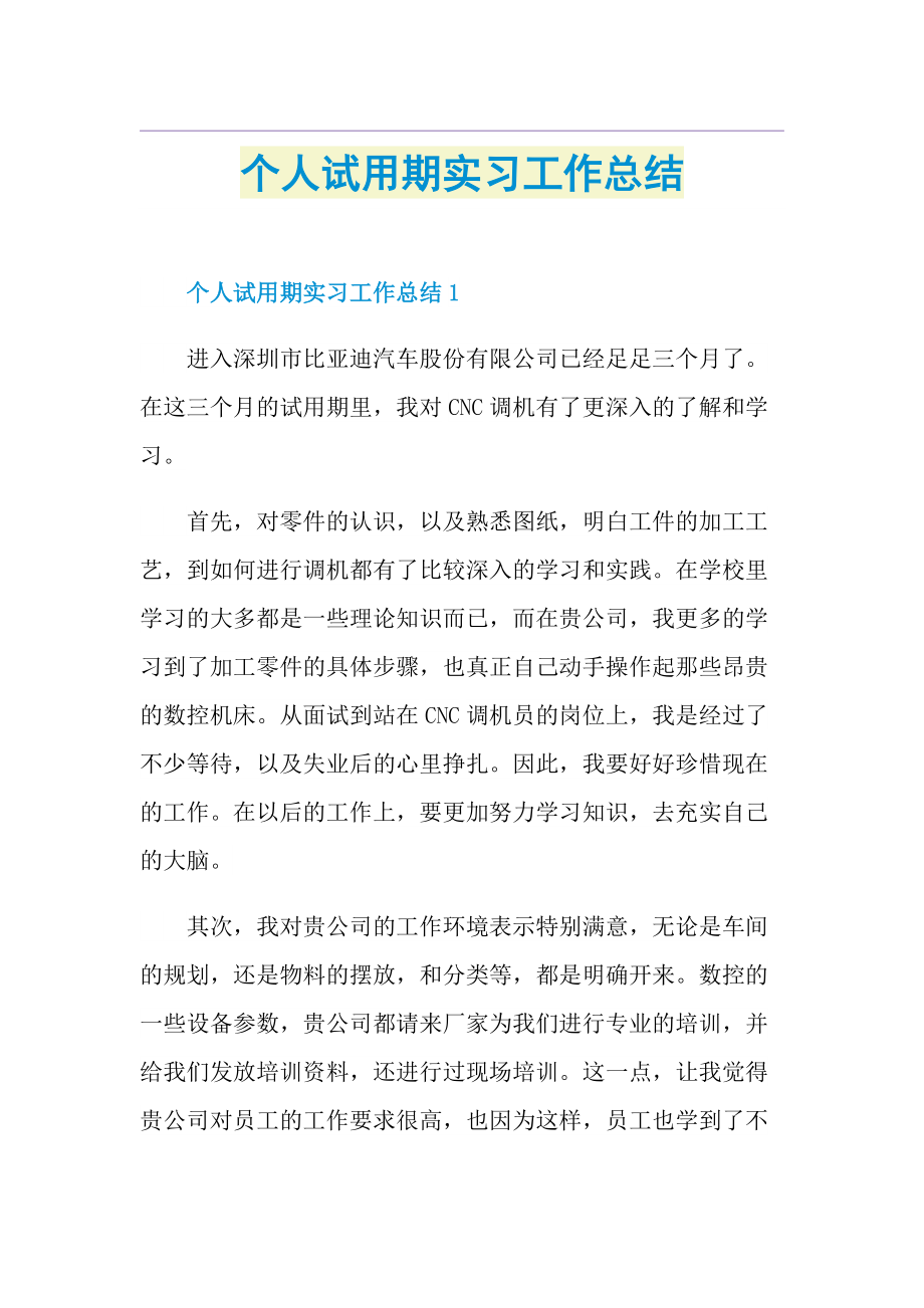 个人试用期实习工作总结.doc_第1页