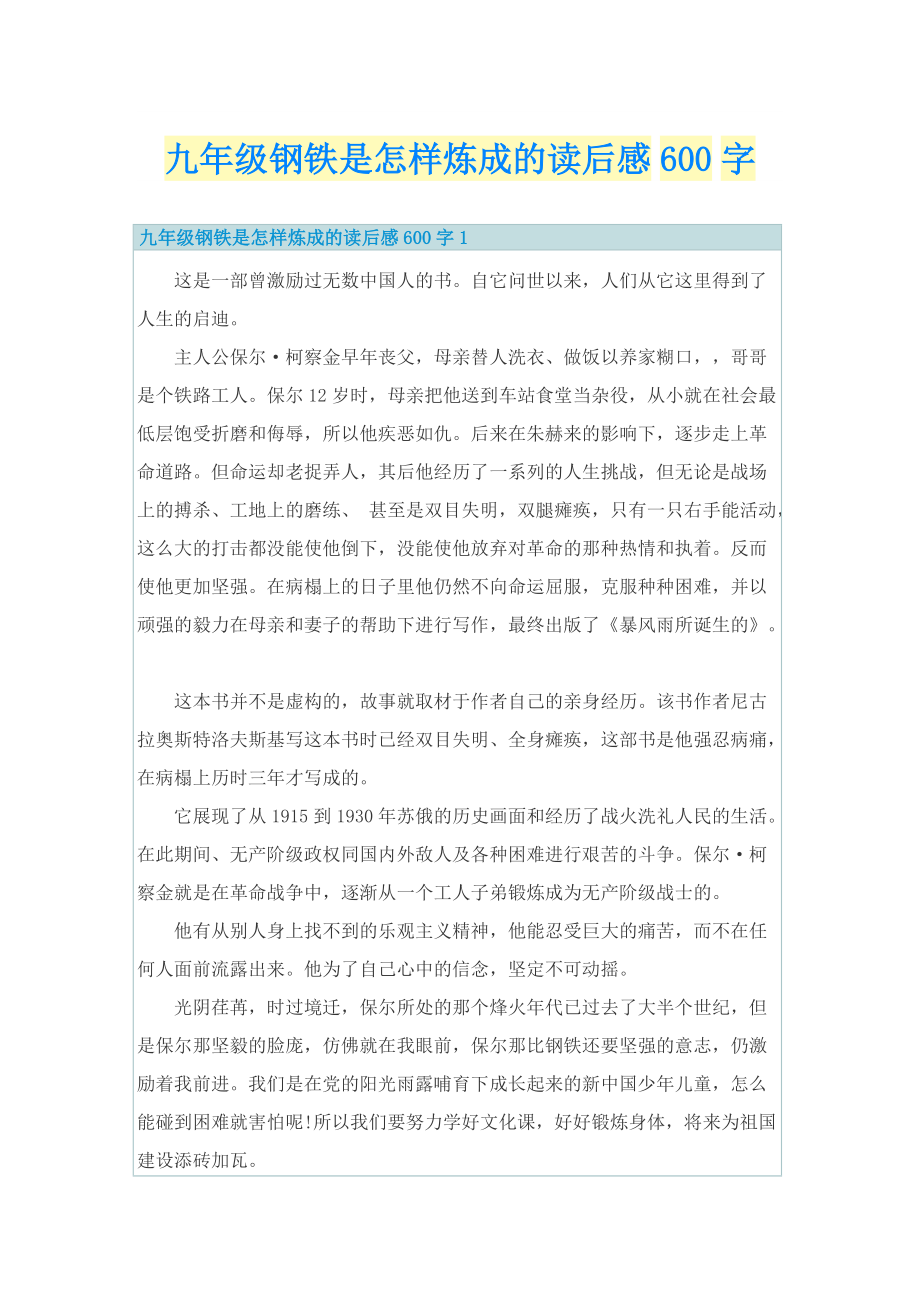 九年级钢铁是怎样炼成的读后感600字.doc_第1页