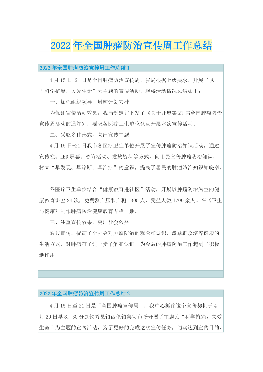 2022年全国肿瘤防治宣传周工作总结.doc_第1页