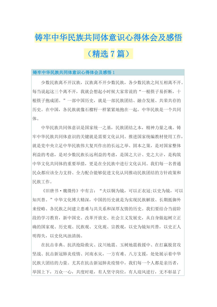 铸牢中华民族共同体意识心得体会及感悟（精选7篇）.doc_第1页