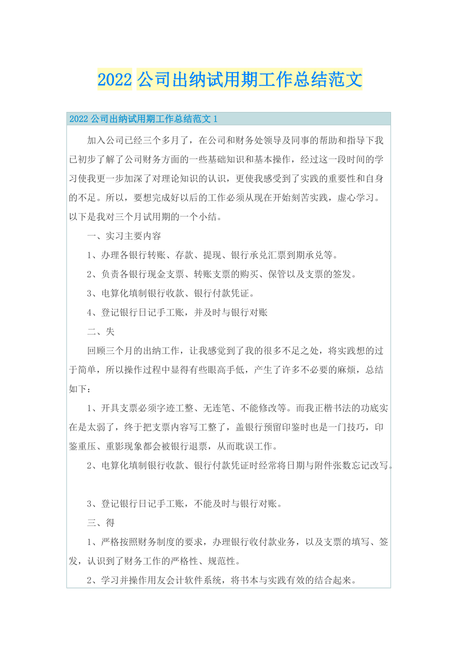 2022公司出纳试用期工作总结范文.doc_第1页