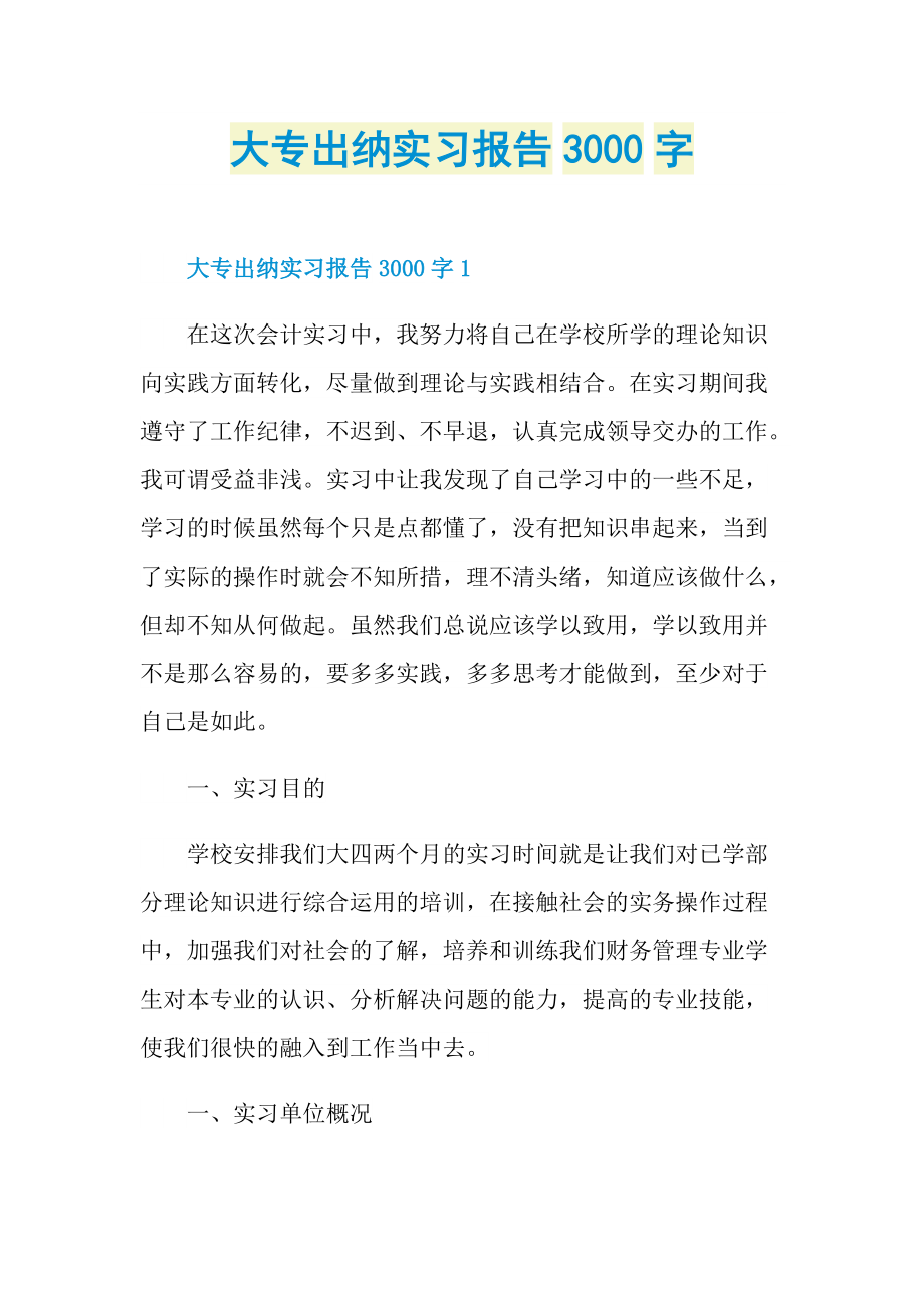 大专出纳实习报告3000字.doc_第1页