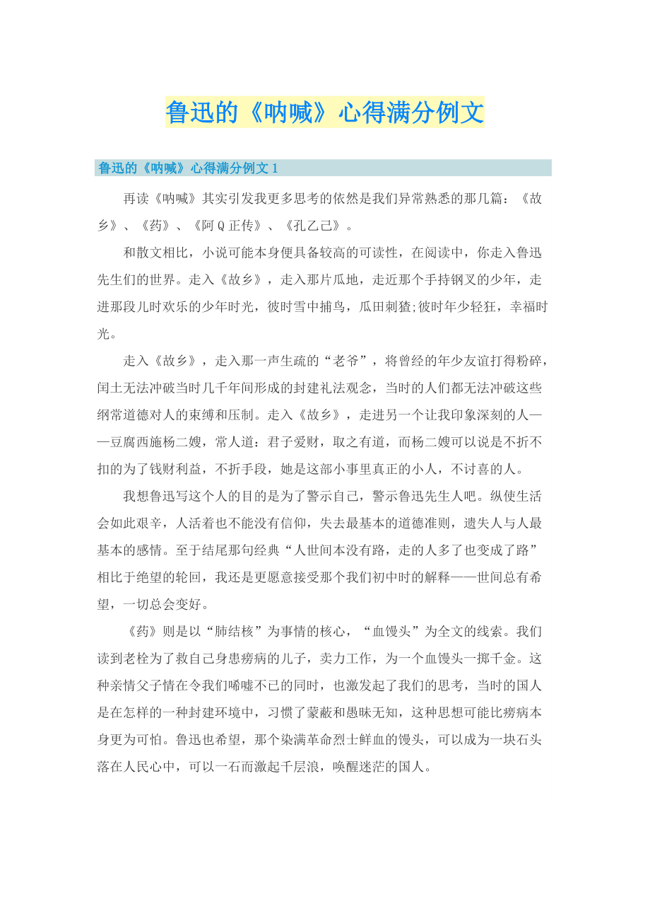 鲁迅的《呐喊》心得满分例文.doc_第1页