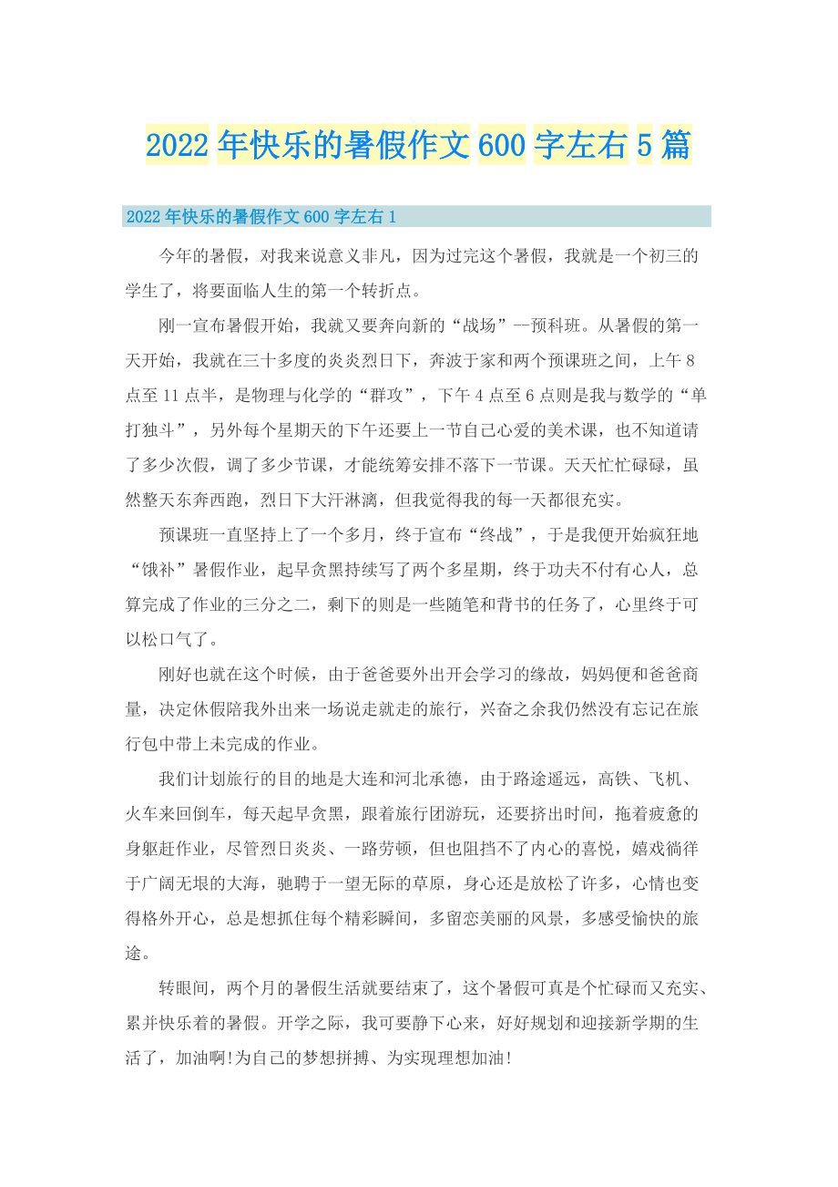 2022年快乐的暑假作文600字左右5篇.doc_第1页