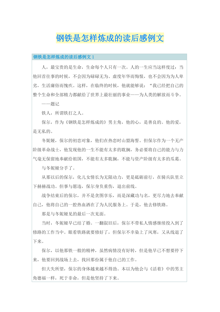 钢铁是怎样炼成的读后感例文.doc_第1页